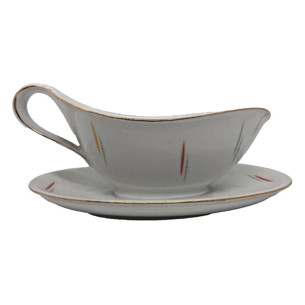 Winterling Roslau Bavaria Gravy Boat Versatile Gold Rim Green Red Gold Accents